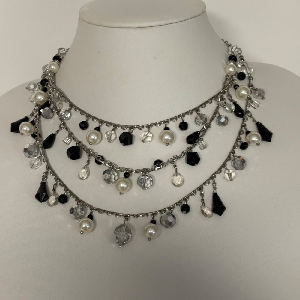 White House Black Market Layered Faux Pearl Black Clear Beads Statement Necklace